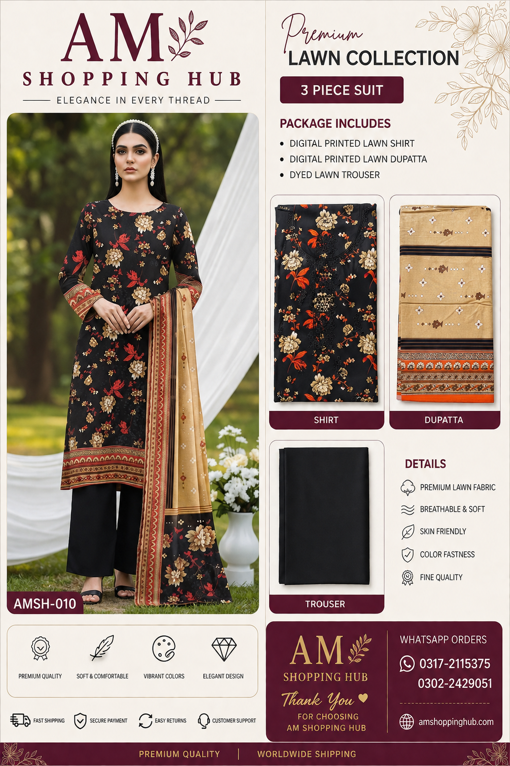 Premium Unstitched 3 Piece Lawn Suit with Lawn Dupatta