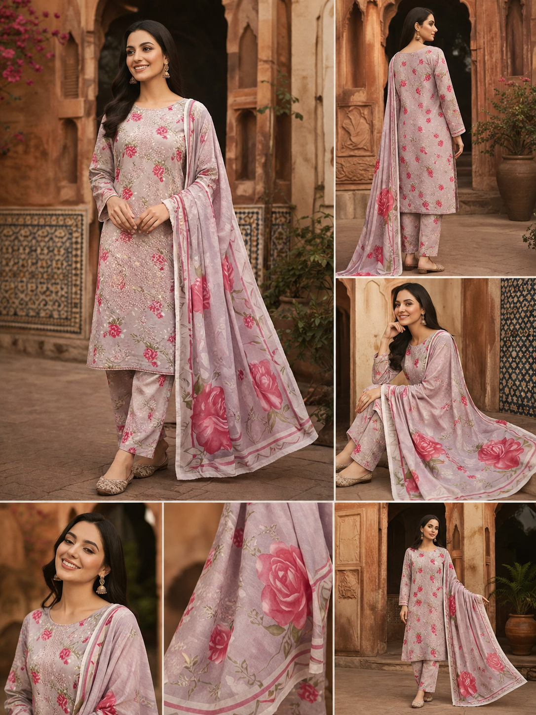 3 Piece Printed Lawn Suit with Printed Chiffon Dupatta – Grey Pink Floral Summer Collection