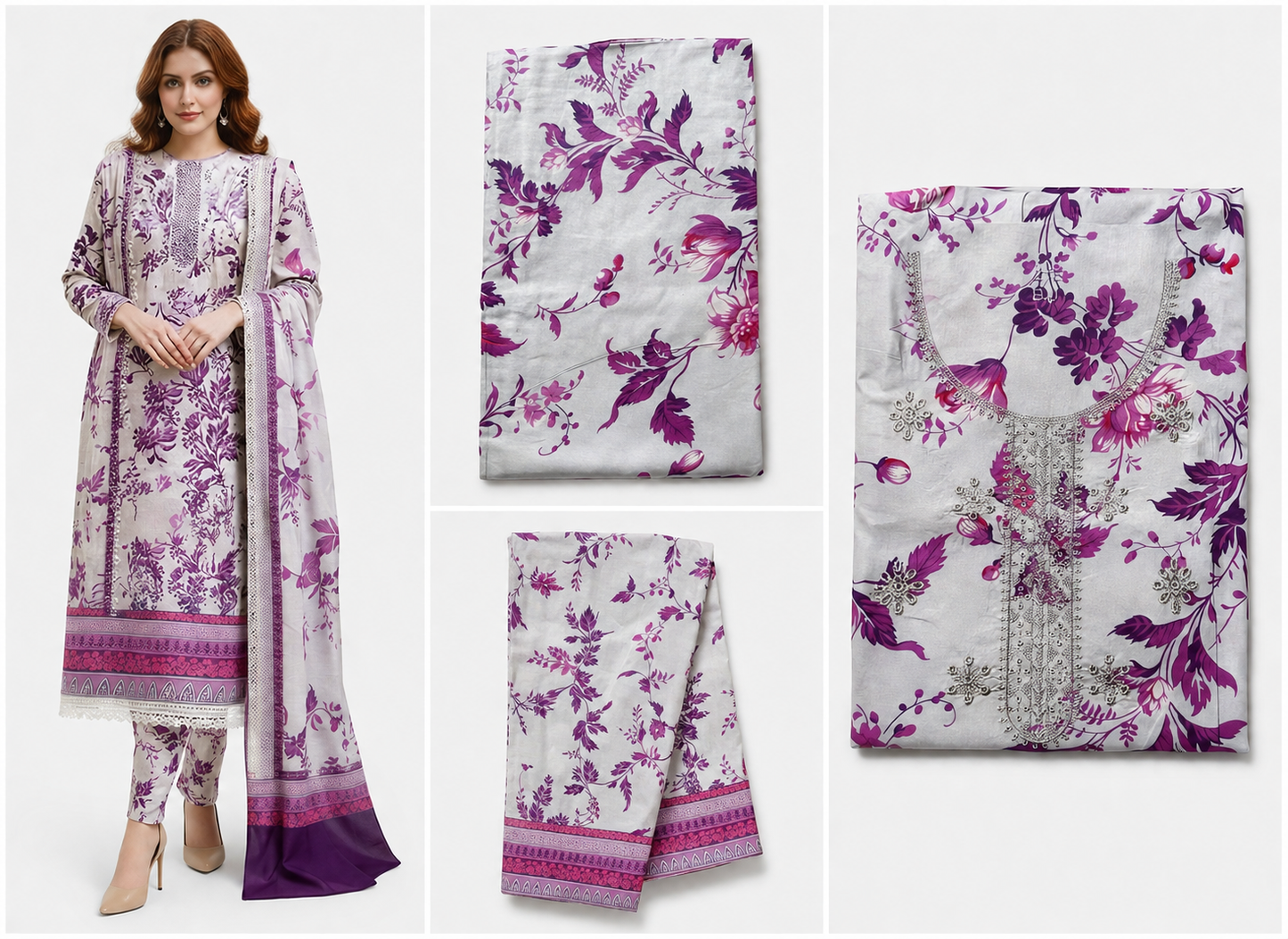 Women’s Unstitched 3 Piece Printed Suit with Chiffon Dupatta – Purple Floral Design