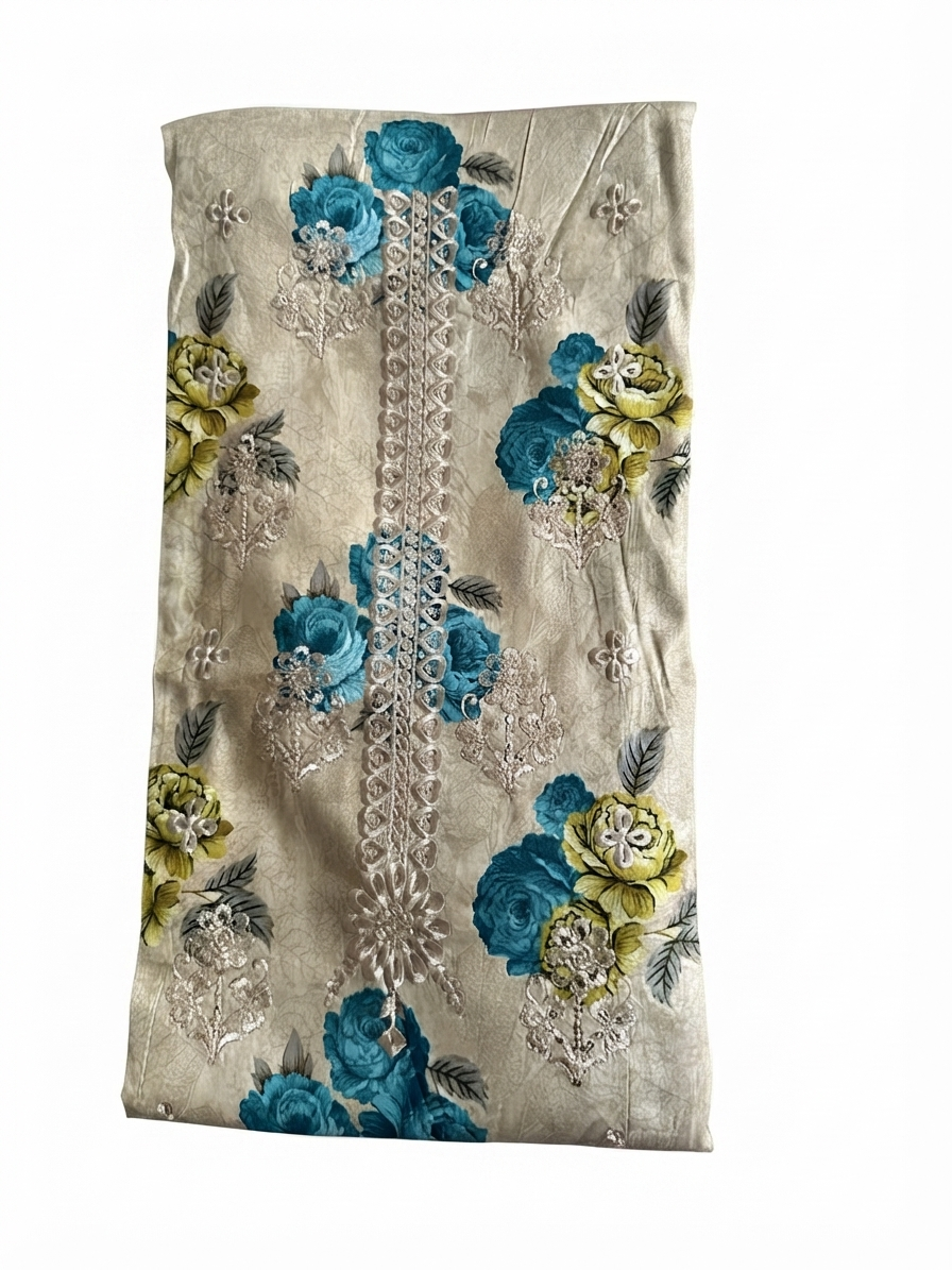 Women’s 3 Piece Unstitched Embroidered Lawn Suit with Printed Chiffon Dupatta – Beige & Teal Floral