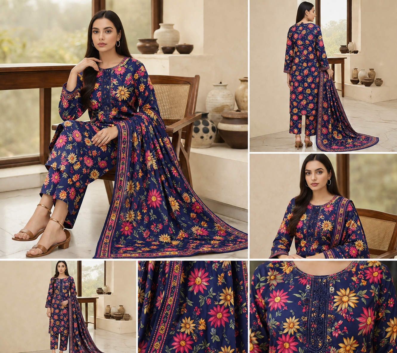 3 Piece Printed Lawn Suit with Printed Chiffon Dupatta – Navy Blue Floral Summer Dress for Women