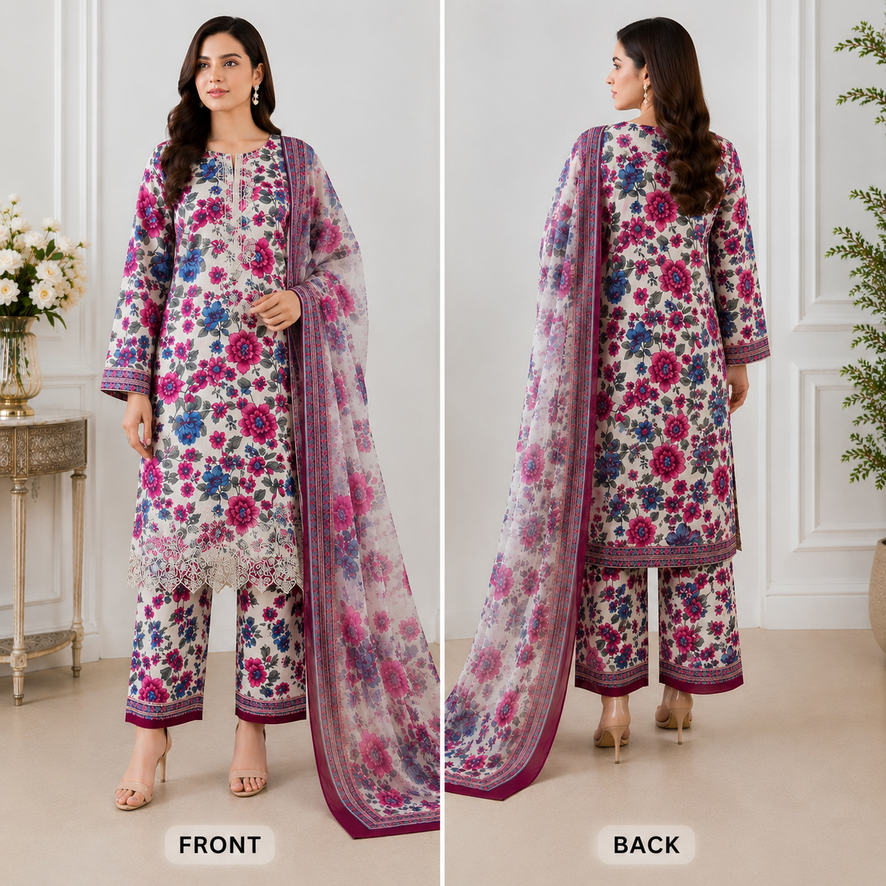 Floral Printed 3 Piece Lawn Suit with Printed Chiffon Dupatta | Premium Summer Collection