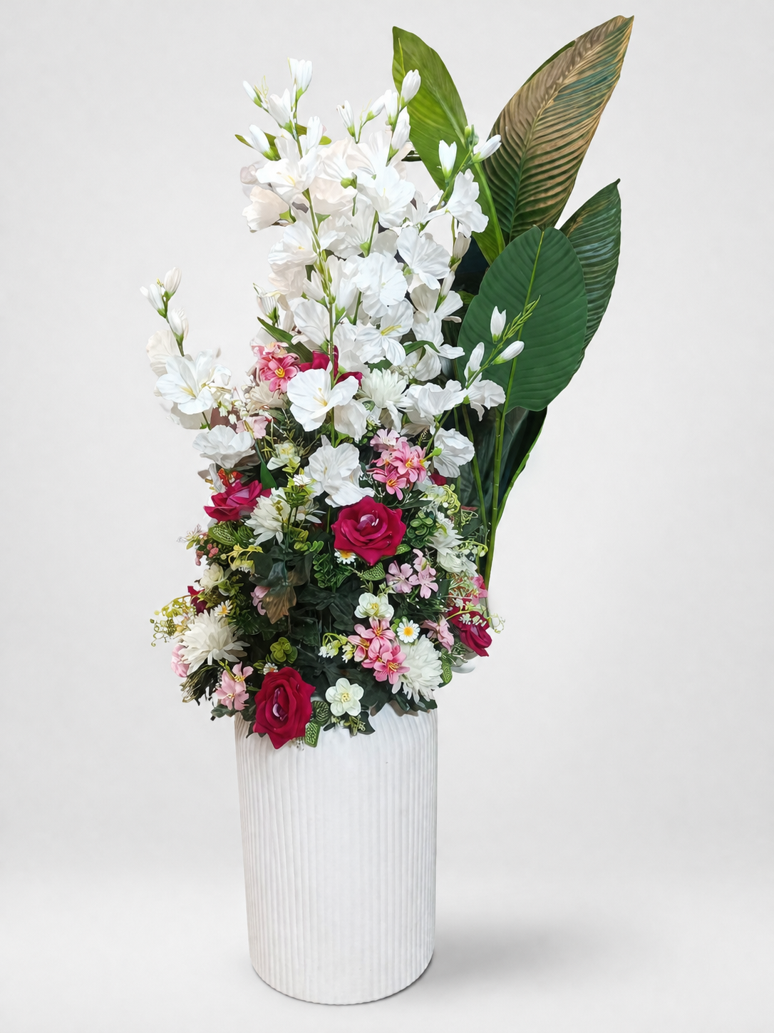 Luxury Artificial White & Red Flower Arrangement in White Ribbed Vase | Elegant Home Decor