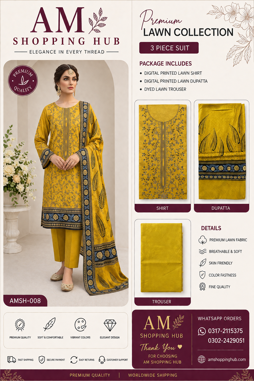 Premium Unstitched 3 Piece Lawn Suit with Lawn Dupatta
