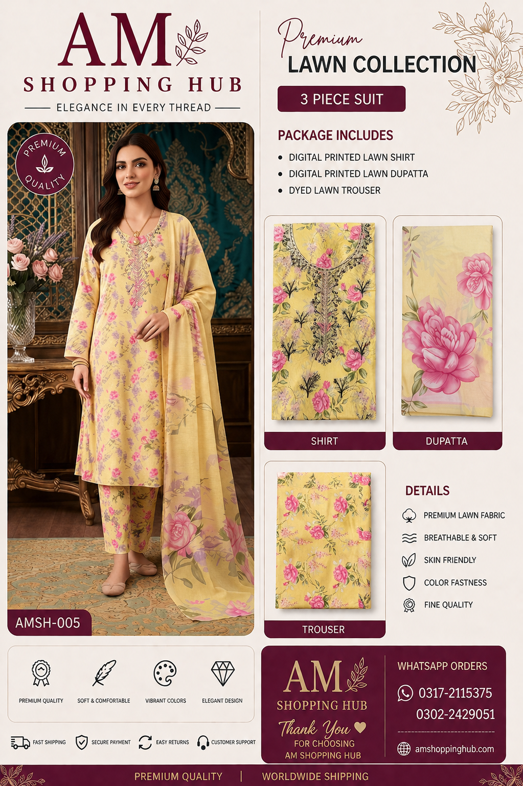 Premium Printed Lawn Suit with Chiffon Dupatta – 3 Piece Unstitched