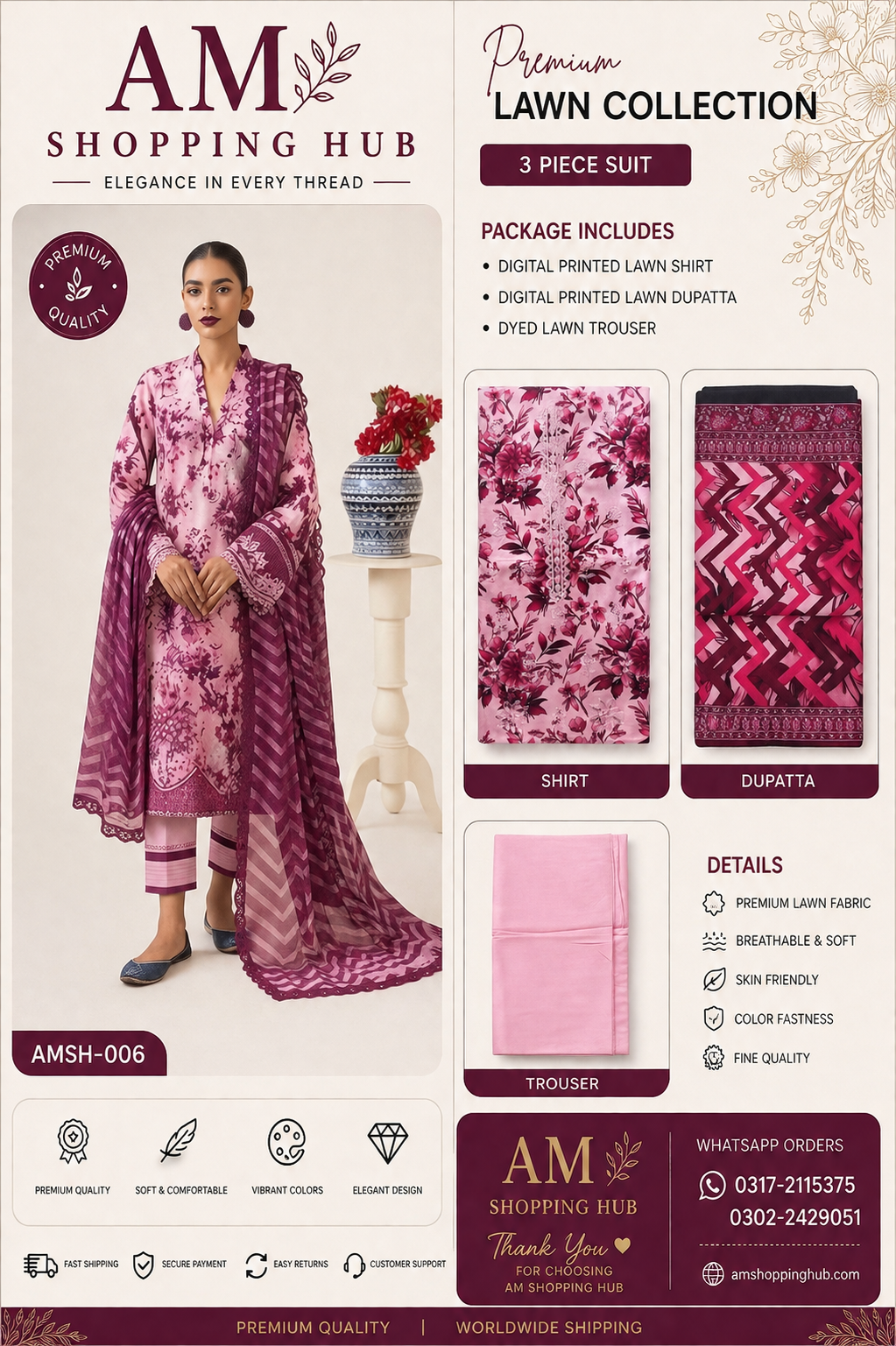 Premium Unstitched 3 Piece Lawn Suit with Lawn Dupatta