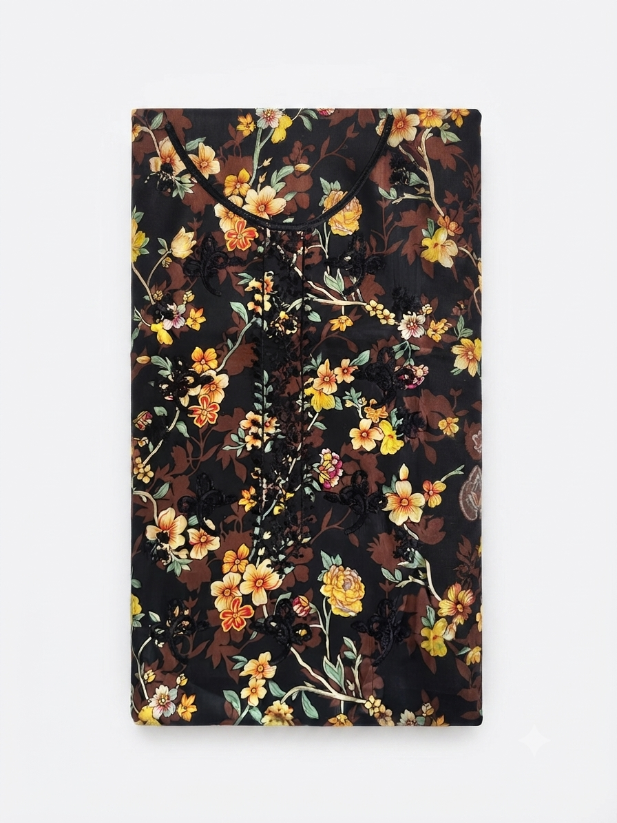 Women’s Unstitched 3 Piece Printed Lawn Suit with Printed Chiffon Dupatta – Black Floral