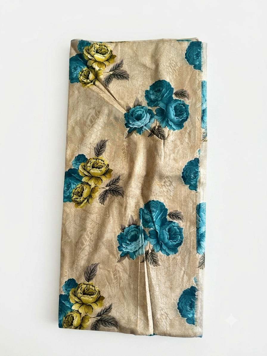 Women’s 3 Piece Unstitched Embroidered Lawn Suit with Printed Chiffon Dupatta – Beige & Teal Floral