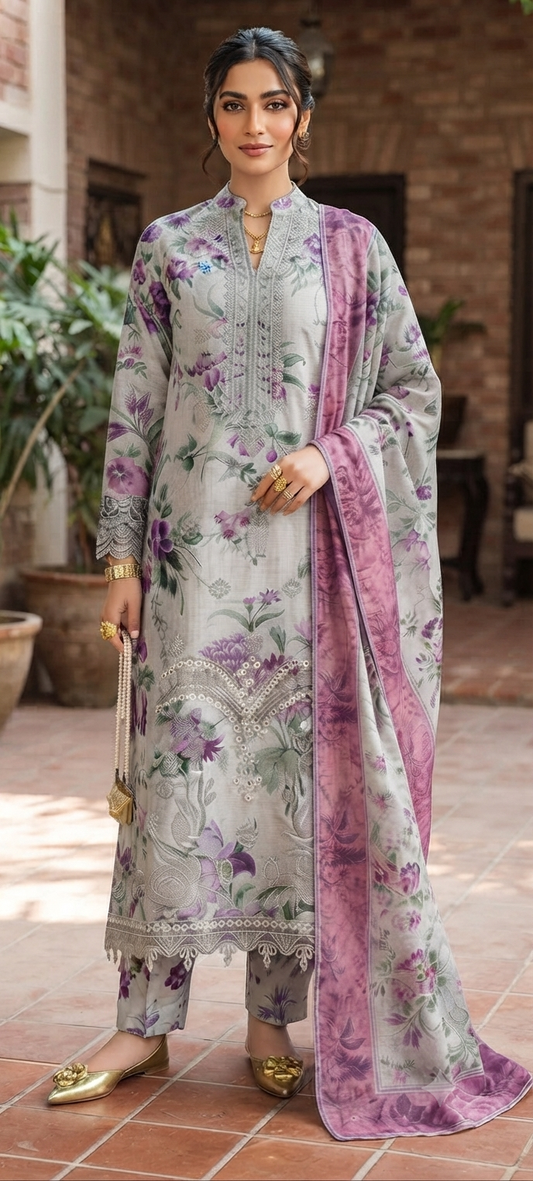 Grey and Purple Floral Print Lawn 3-Piece Suit with Chiffon Dupatta