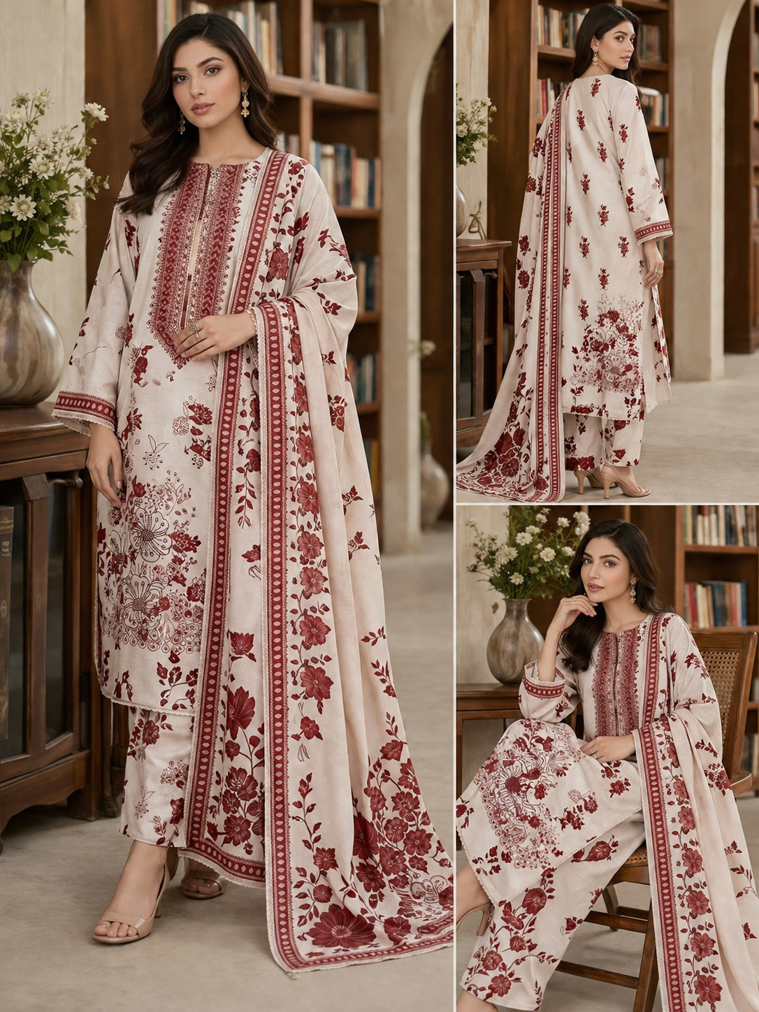 3 Piece Printed Lawn Suit with Printed Chiffon Dupatta – Elegant Embroidered Neck Design (Maroon & Cream)