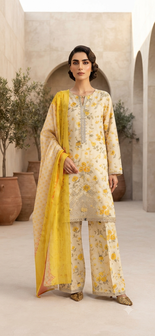 Buy Yellow Floral Lawn 3-Piece Suit with Chiffon Dupatta