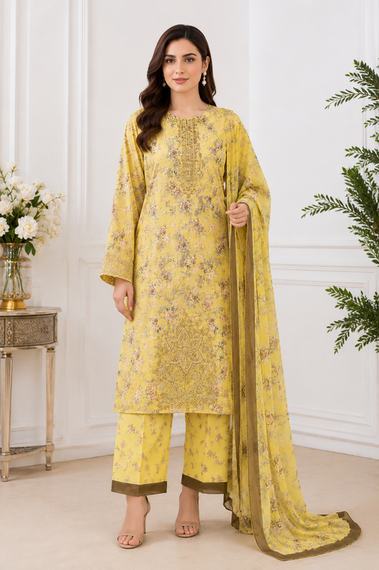 Yellow Floral Printed 3 Piece Lawn Suit with Printed Chiffon Dupatta | Premium Summer Collection