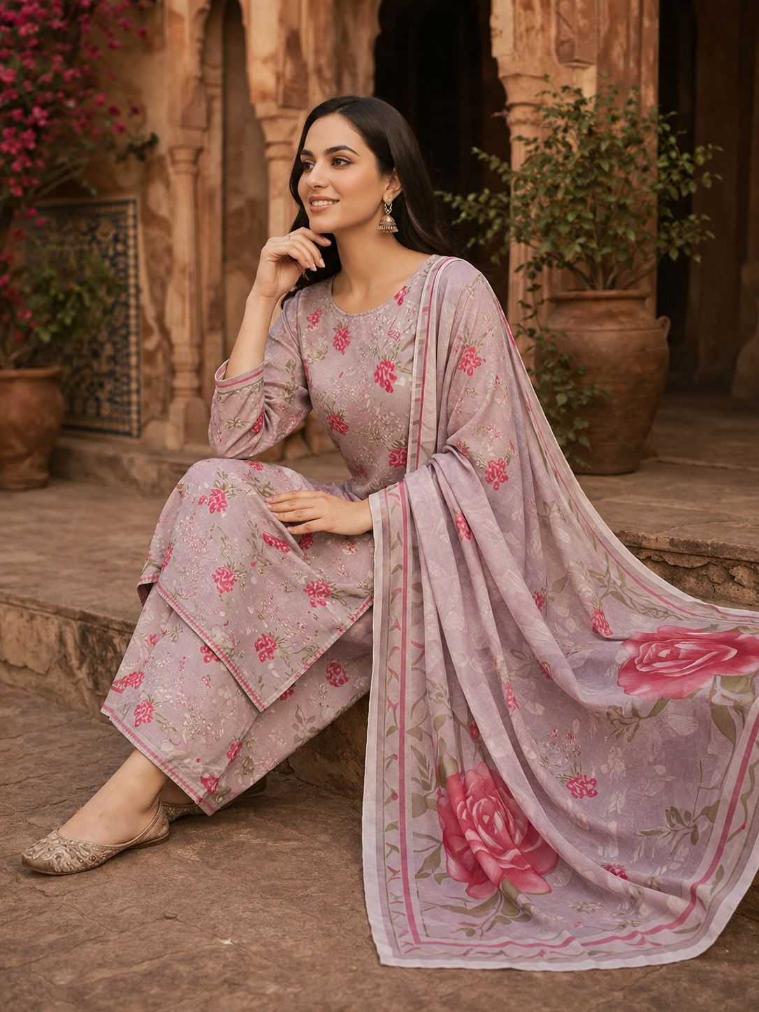 3 Piece Printed Lawn Suit with Printed Chiffon Dupatta – Grey Pink Floral Summer Collection