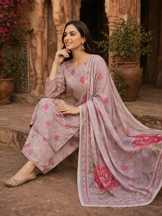 3 Piece Printed Lawn Suit with Printed Chiffon Dupatta – Grey Pink Floral Summer Collection