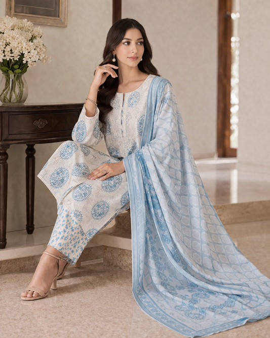 3 Piece Printed Lawn Suit with Printed Chiffon Dupatta – Grey & Pink Floral Design