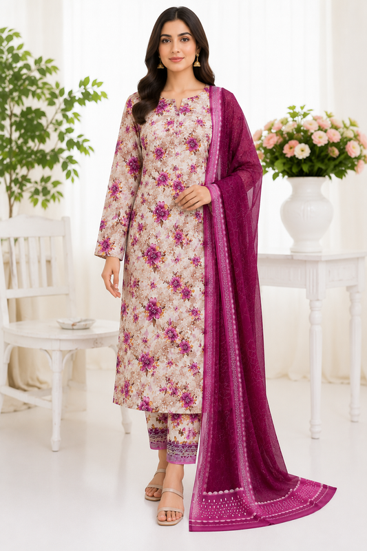 Dark Green Floral Printed 3 Piece Lawn Suit with Printed Chiffon Dupatta – Women’s Summer Dress