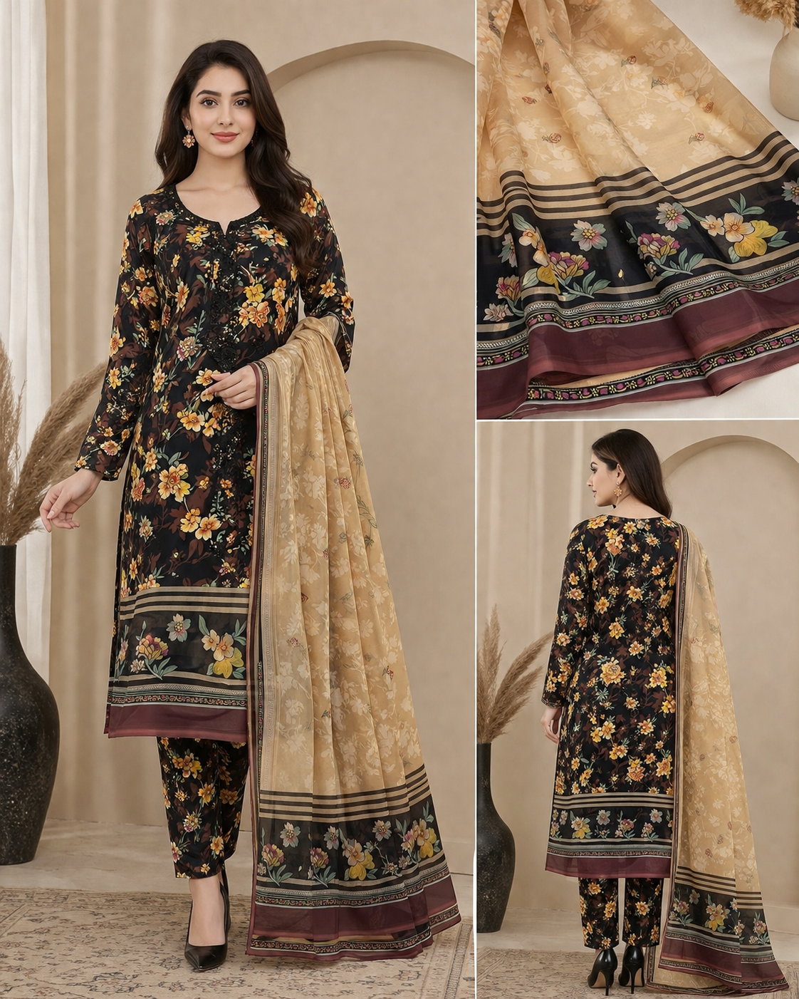 Women’s Unstitched 3 Piece Printed Lawn Suit with Printed Chiffon Dupatta – Black Floral