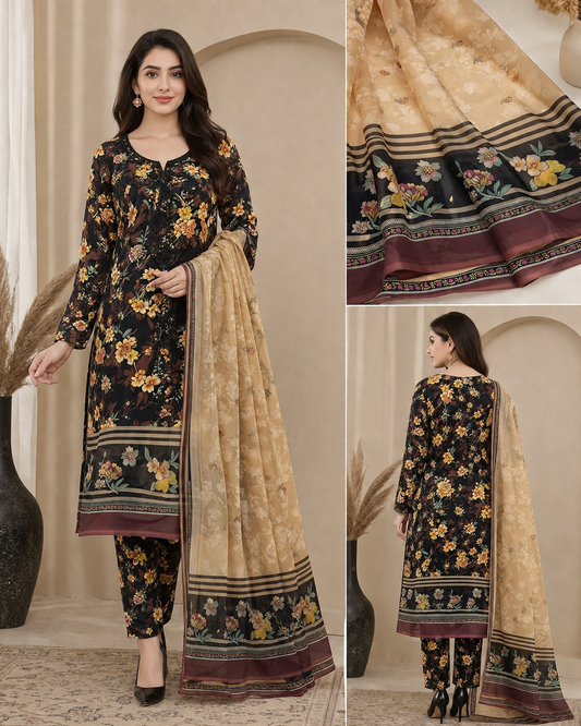 Women’s Unstitched 3 Piece Printed Lawn Suit with Printed Chiffon Dupatta – Black Floral