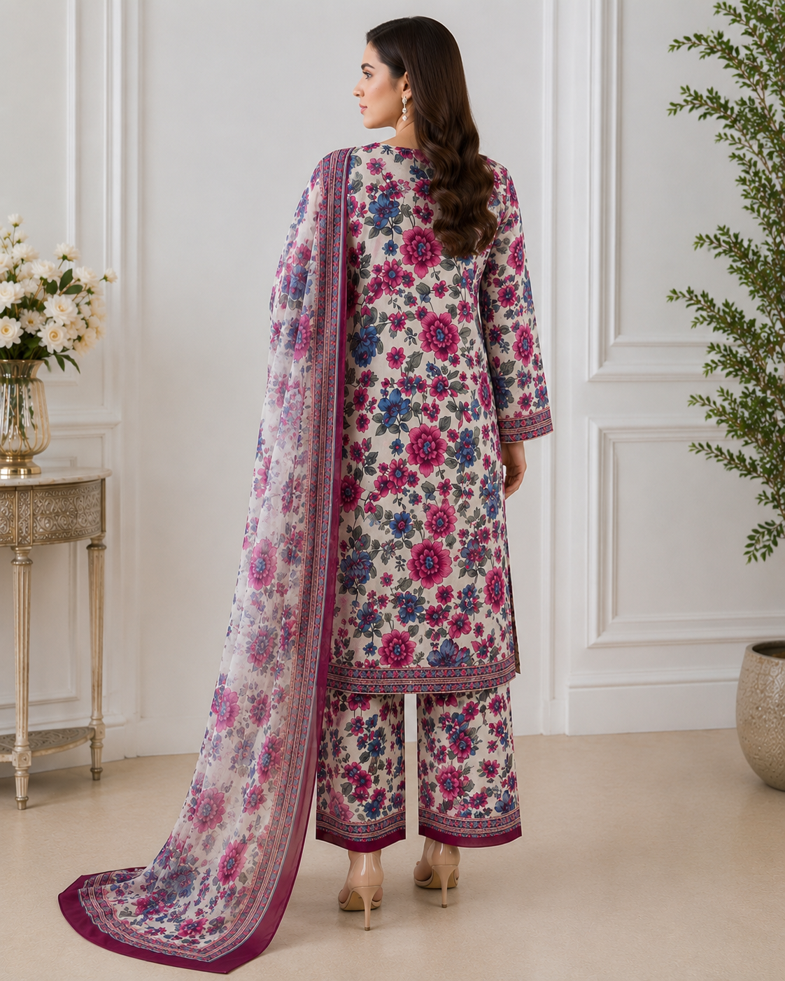 Floral Printed 3 Piece Lawn Suit with Printed Chiffon Dupatta | Premium Summer Collection