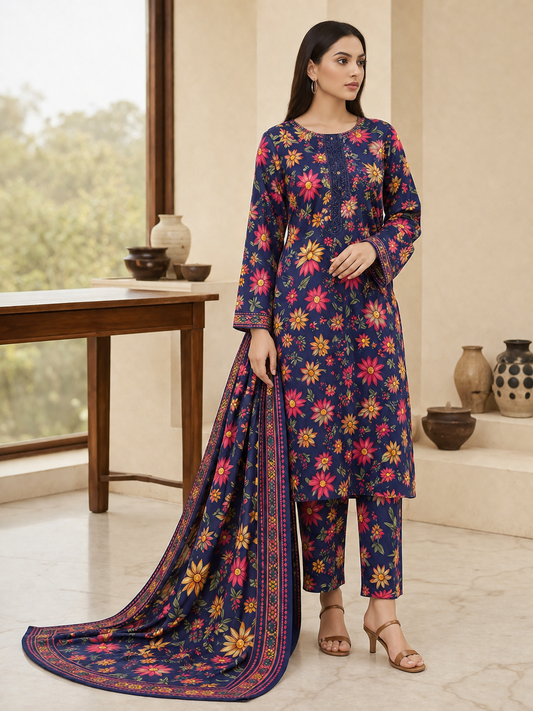 3 Piece Printed Lawn Suit with Printed Chiffon Dupatta – Navy Blue Floral Summer Dress for Women