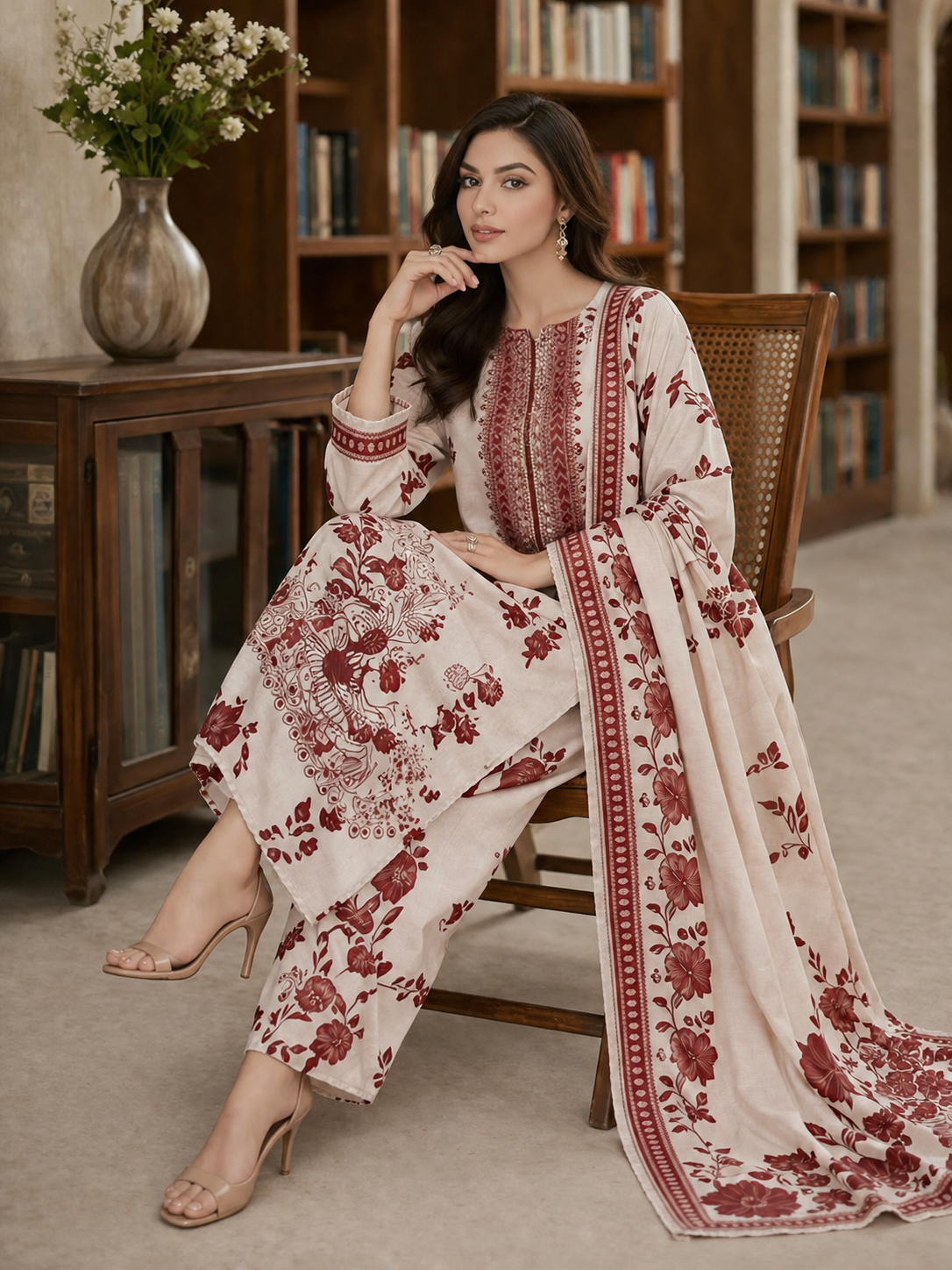 3 Piece Printed Lawn Suit with Printed Chiffon Dupatta – Elegant Embroidered Neck Design (Maroon & Cream)