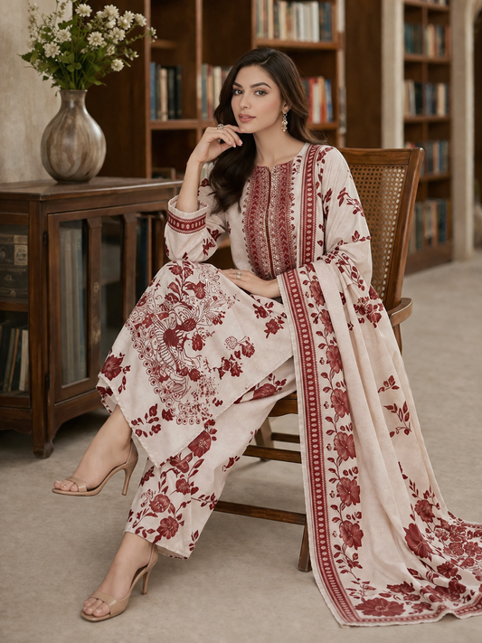 3 Piece Printed Lawn Suit with Printed Chiffon Dupatta – Elegant Embroidered Neck Design (Maroon & Cream)