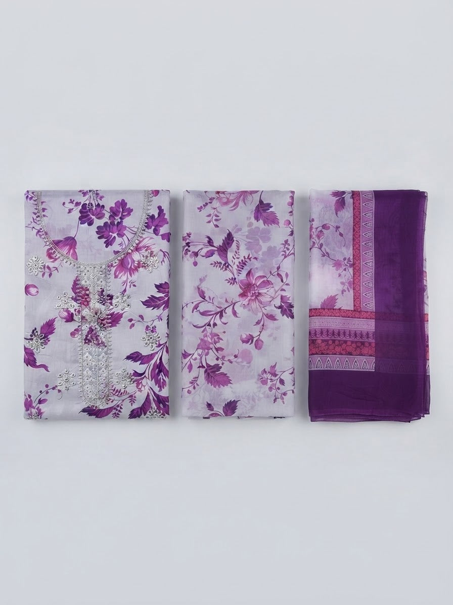 Women’s Unstitched 3 Piece Printed Suit with Chiffon Dupatta – Purple Floral Design