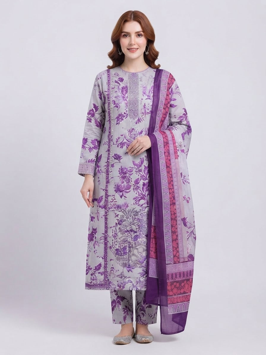 Women’s Unstitched 3 Piece Printed Suit with Chiffon Dupatta – Purple Floral Design