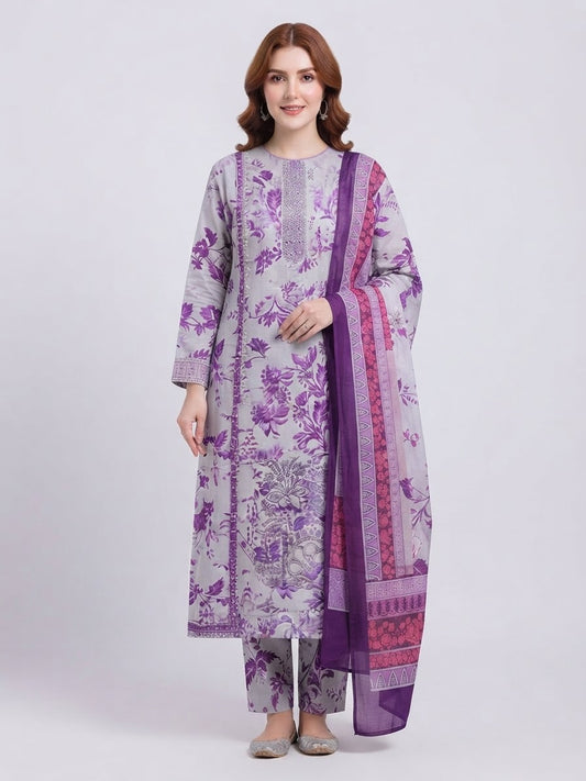 Women’s Unstitched 3 Piece Printed Suit with Chiffon Dupatta – Purple Floral Design