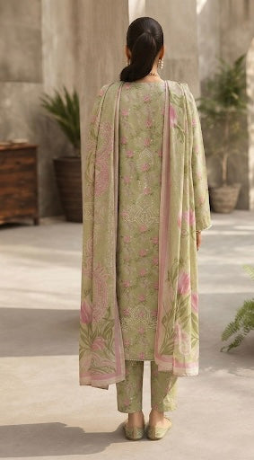 3 Piece Printed Lawn Suit with Printed Chiffon Dupatta – Olive Green Floral Summer Collection