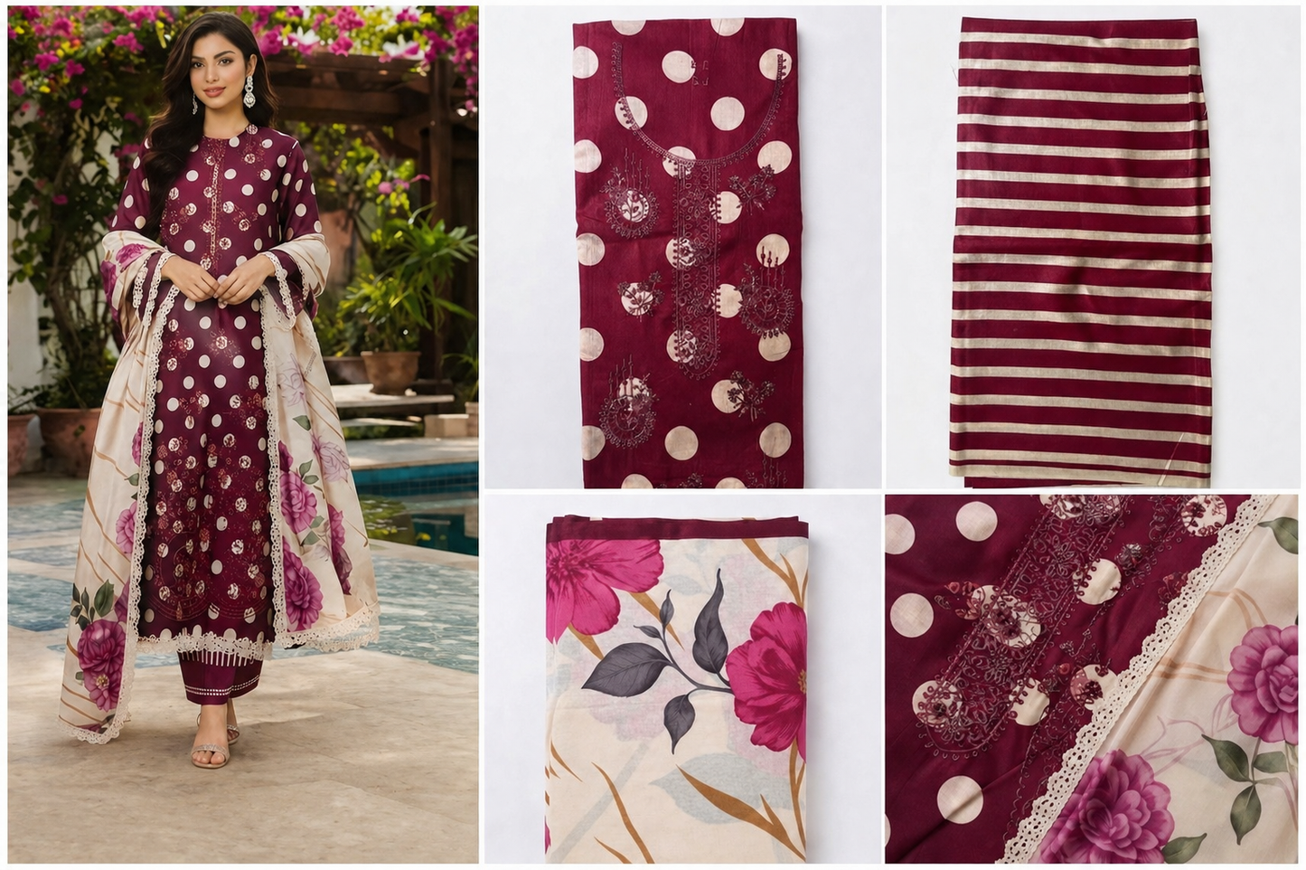 Elegant Maroon Unstitched Lawn Suit with Printed Dupatta – 3 Piece
