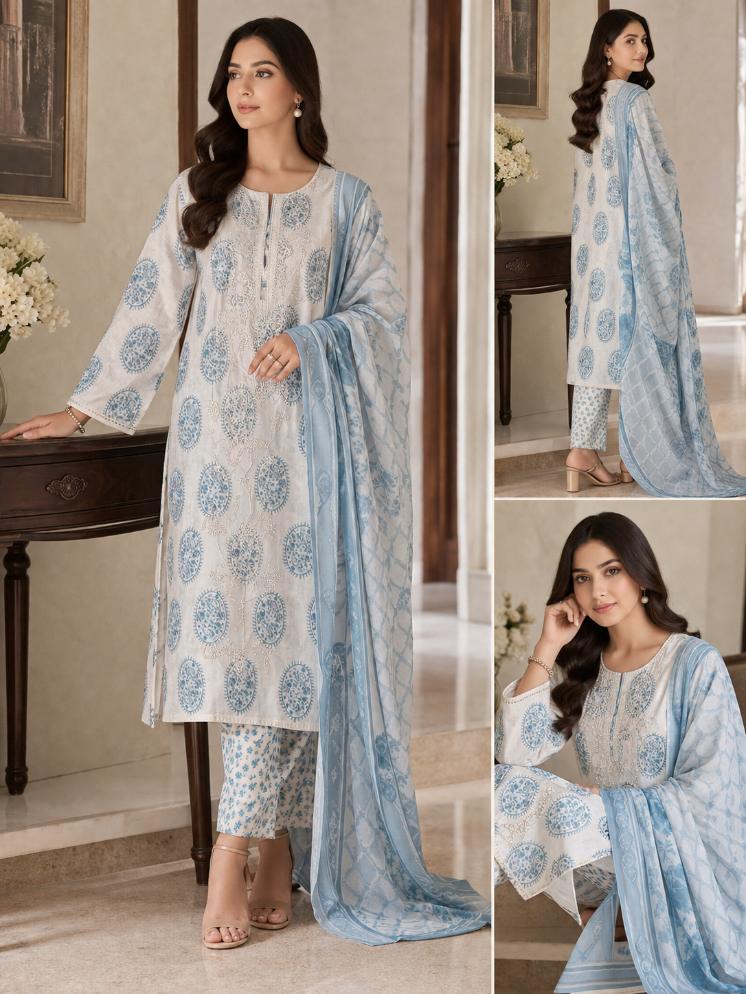 3 Piece Printed Lawn Suit with Printed Chiffon Dupatta – Grey & Pink Floral Design