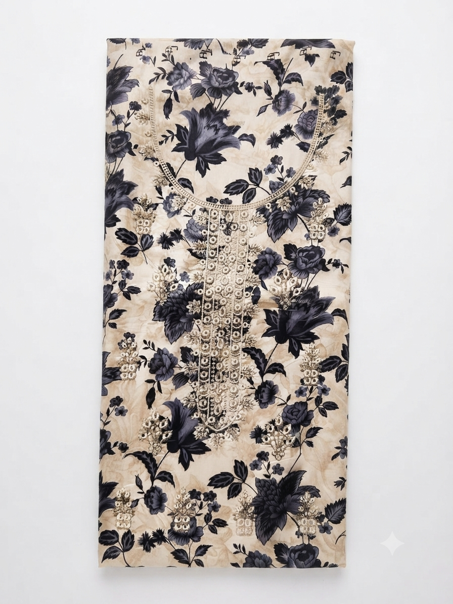 Women’s Unstitched 3 Piece Printed Suit with Chiffon Dupatta – Floral Design