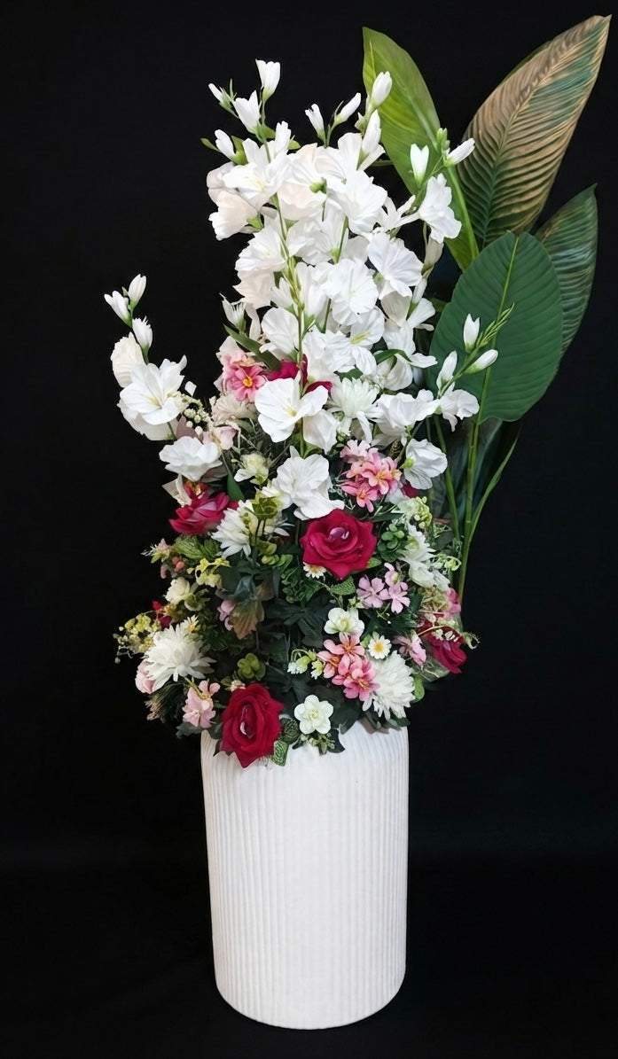 Luxury Artificial White & Red Flower Arrangement in White Ribbed Vase | Elegant Home Decor