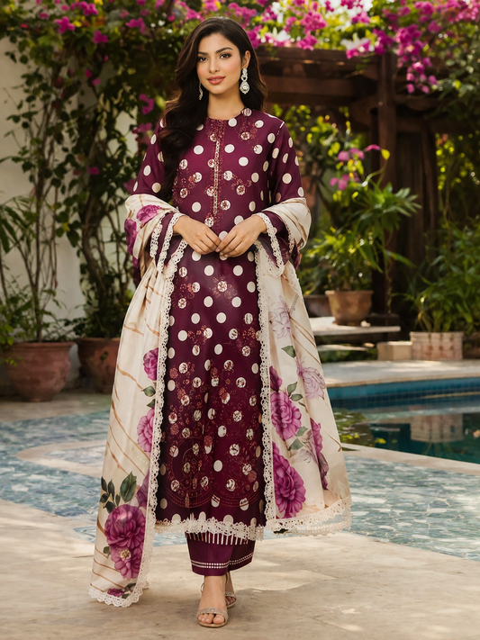 Elegant Maroon Unstitched Lawn Suit with Printed Dupatta – 3 Piece