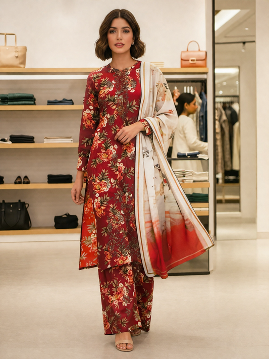 3 Piece Unstitched Printed Lawn Suit with Printed Lawn Dupatta – Red Floral