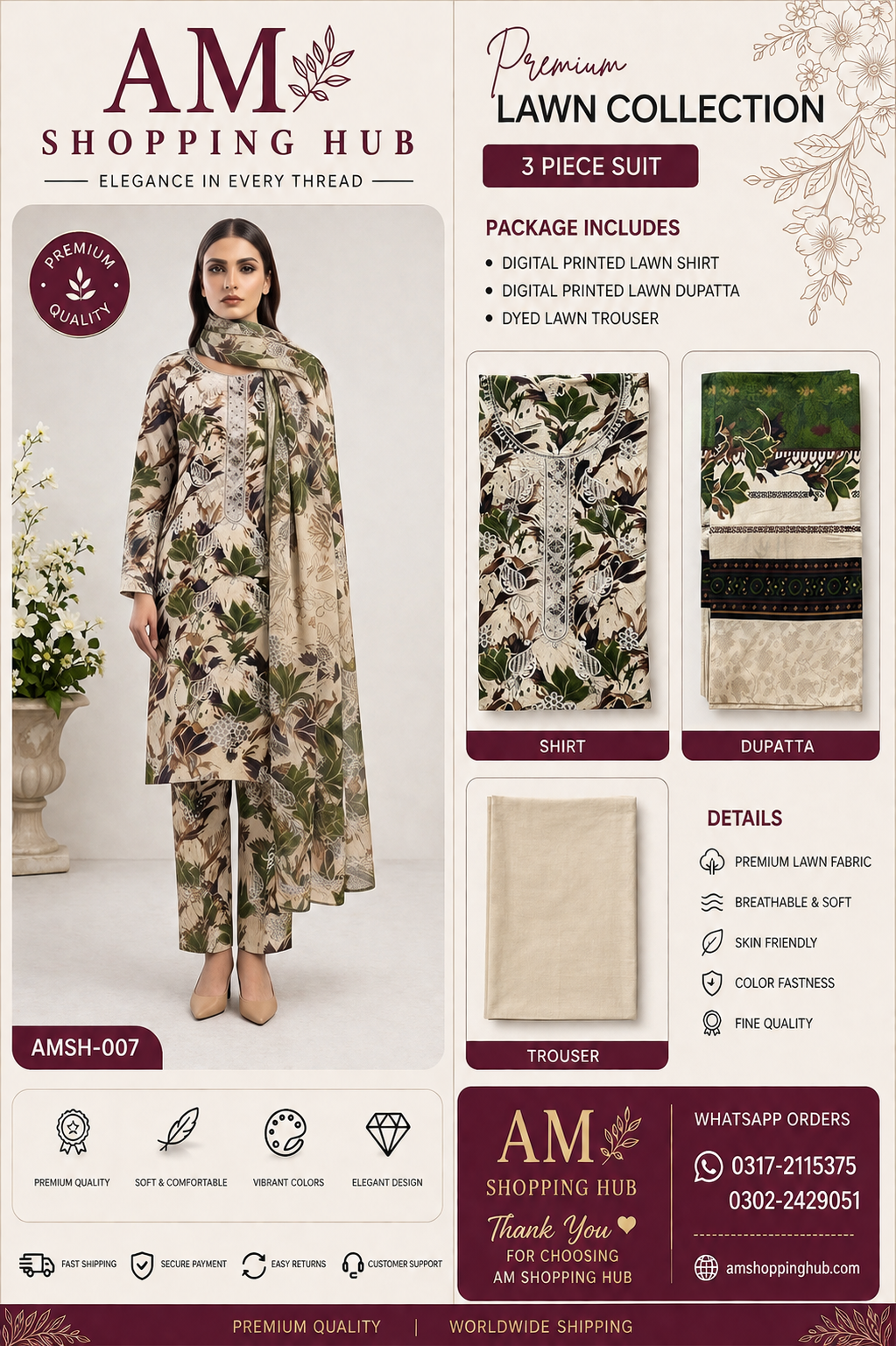 Premium Unstitched 3 Piece Lawn Suit with Lawn Dupatta