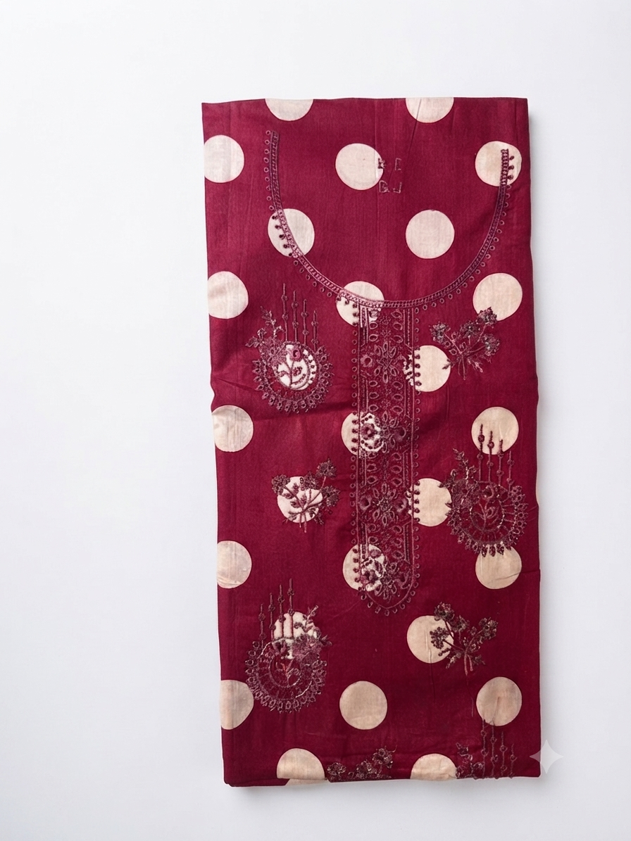 Elegant Maroon Unstitched Lawn Suit with Printed Dupatta – 3 Piece