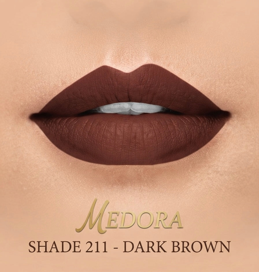 Medora Matte Lipstick – Shade 211 Dark Brown (Long-Lasting, Highly Pigmented)