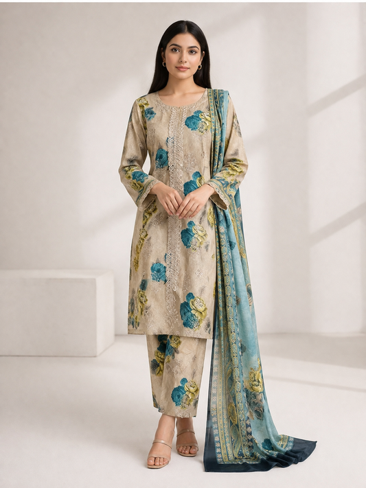 Women’s 3 Piece Unstitched Embroidered Lawn Suit with Printed Chiffon Dupatta – Beige & Teal Floral