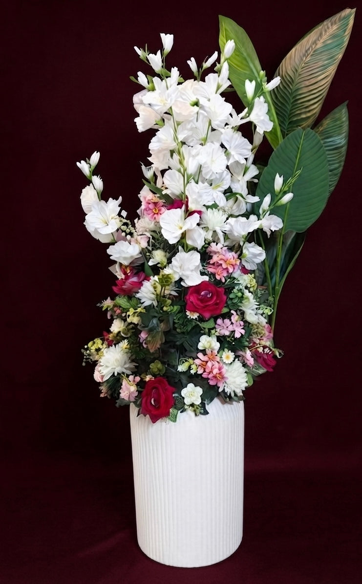 Luxury Artificial White & Red Flower Arrangement in White Ribbed Vase | Elegant Home Decor