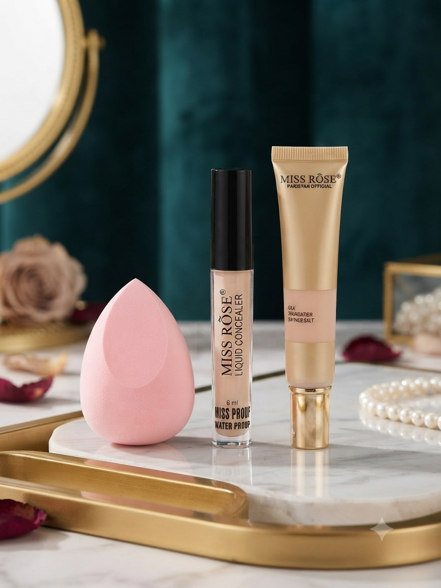Miss Rose Professional Flawless Makeup Trio – Liquid Foundation, Concealer & Beauty Blender