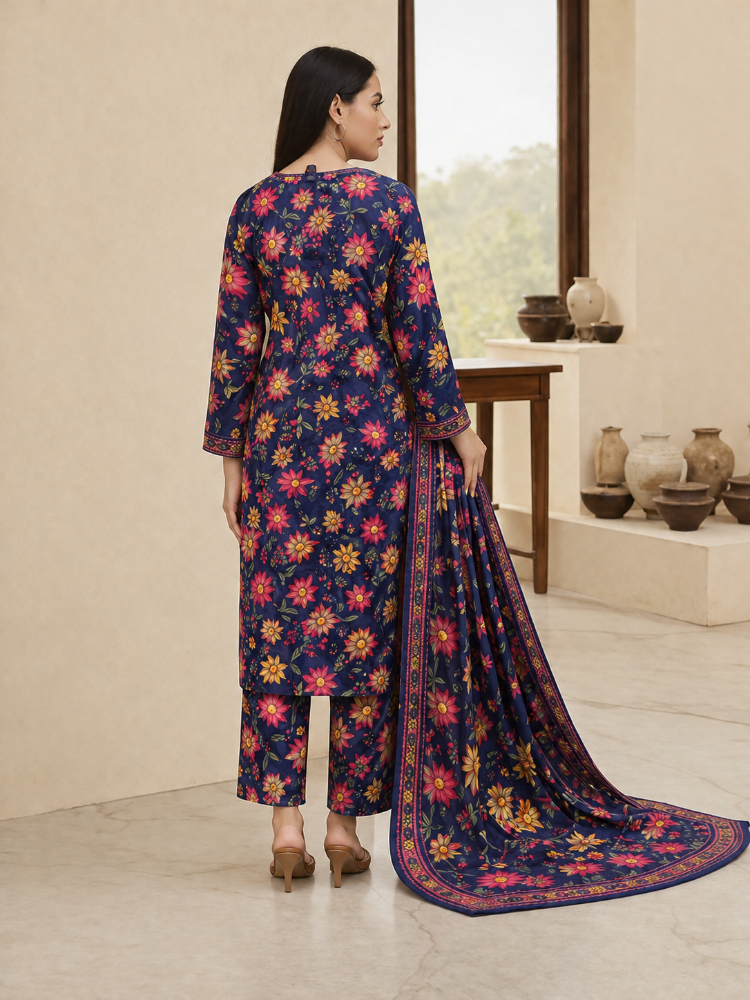3 Piece Printed Lawn Suit with Printed Chiffon Dupatta – Navy Blue Floral Summer Dress for Women