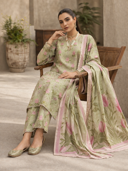 3 Piece Printed Lawn Suit with Printed Chiffon Dupatta – Olive Green Floral Summer Collection