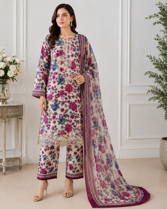 Floral Printed 3 Piece Lawn Suit with Printed Chiffon Dupatta | Premium Summer Collection