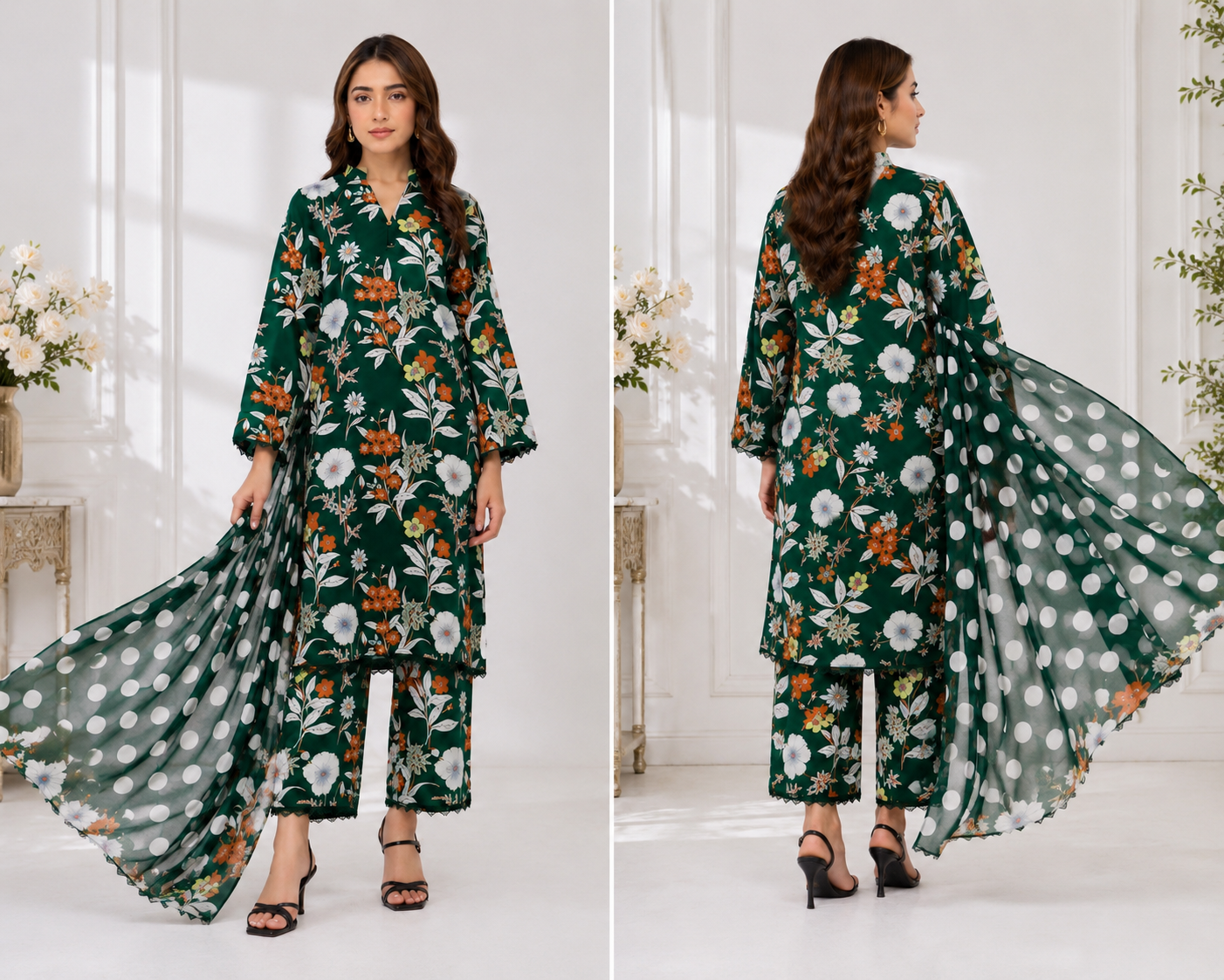 Dark Green Floral Printed 3 Piece Lawn Suit with Polka Dot Chiffon Dupatta | Premium Summer
