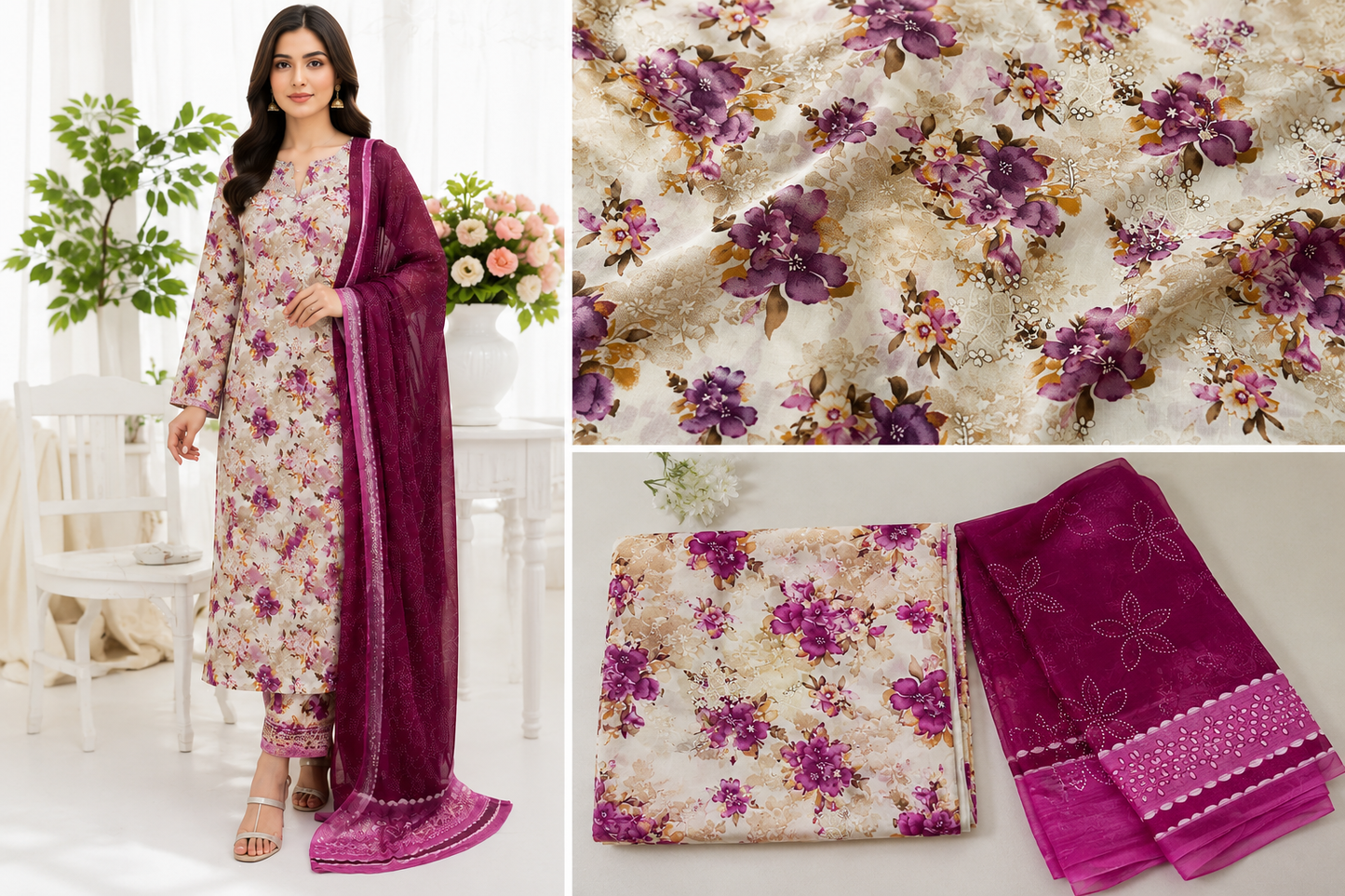 Dark Green Floral Printed 3 Piece Lawn Suit with Printed Chiffon Dupatta – Women’s Summer Dress