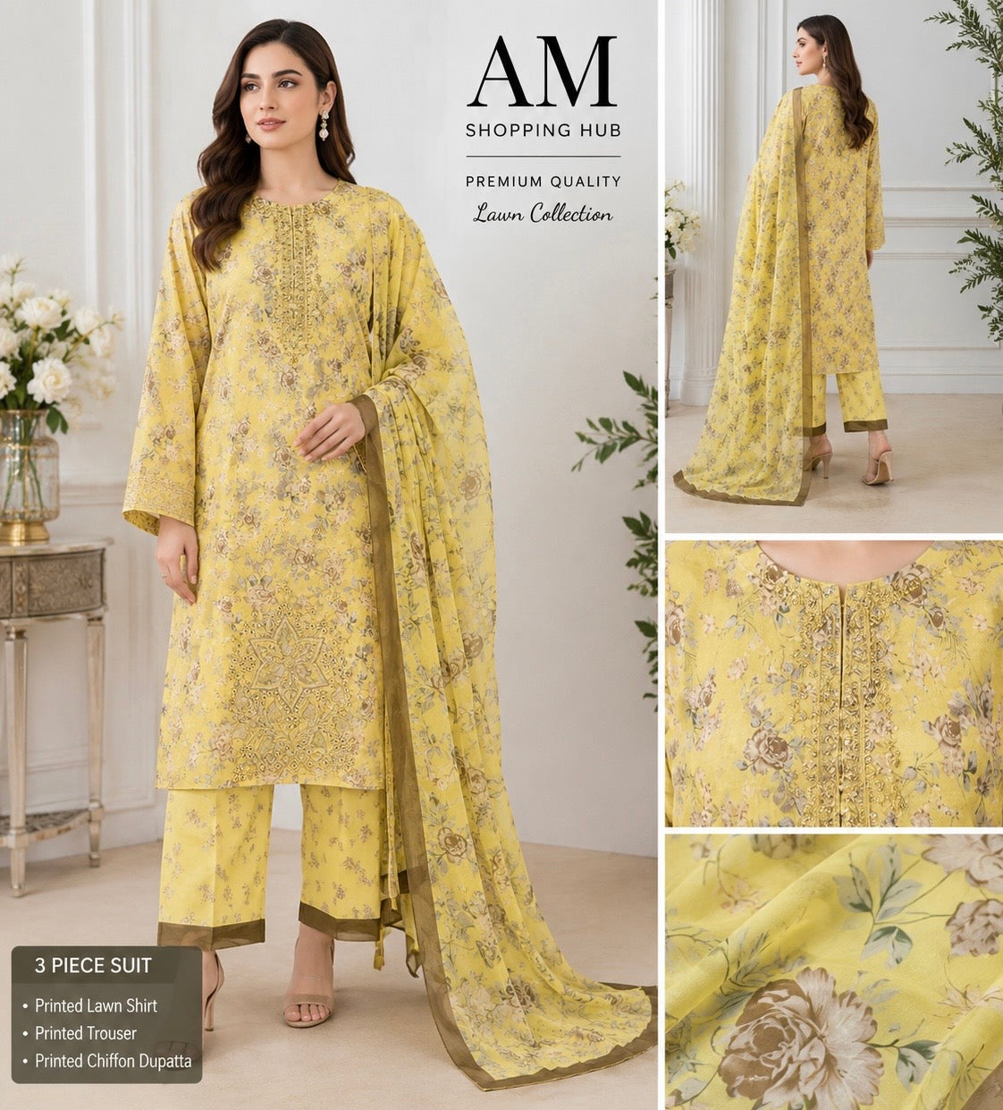Yellow Floral Printed 3 Piece Lawn Suit with Printed Chiffon Dupatta | Premium Summer Collection