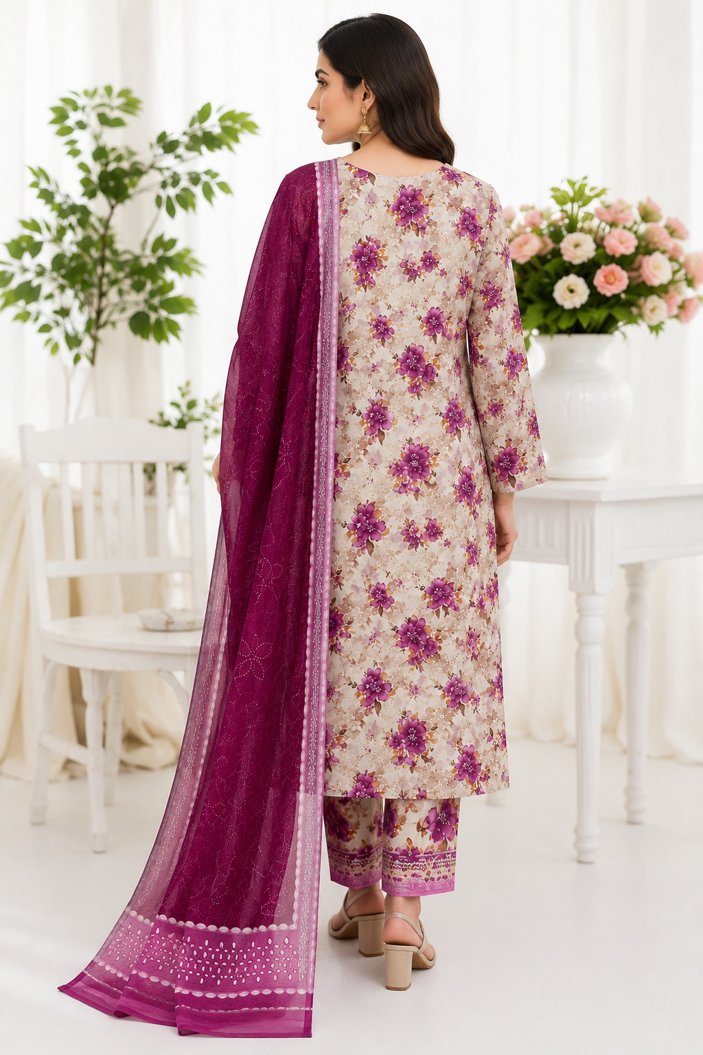 Dark Green Floral Printed 3 Piece Lawn Suit with Printed Chiffon Dupatta – Women’s Summer Dress