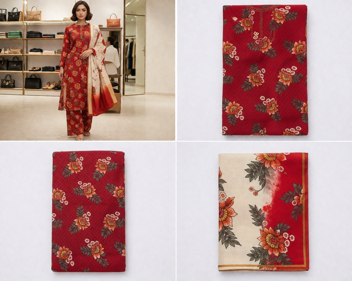 3 Piece Unstitched Printed Lawn Suit with Printed Lawn Dupatta – Red Floral